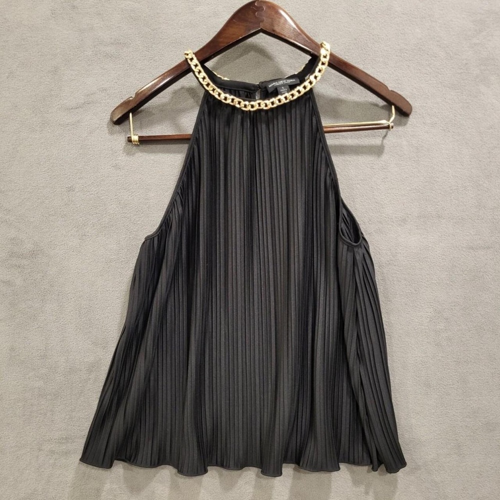 Marc New York Black Pleated Blouse with Gold Chain Accent
